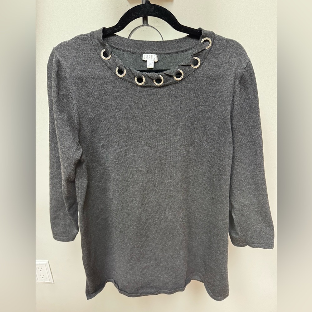 Gray Grommet Rhinestone Neck 3/4 Sleeve Sweater